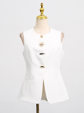 French Style Sleeveless Waistcoat Women Slim Fit Round Neck Vest Irregular Metal Buttons Peplum Hem Elegant Commuter Top