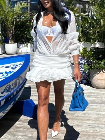 Vestido Camisero Elegante de Malla Plisada de Color Sólido para Mujer Solapa Manga Larga Cintura Alta Línea A Mini Vestido para Vacaciones Primavera