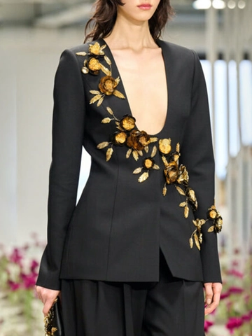 Giacca Blazer da Donna Elegante con Ricamo Floreale 3D Heavy Craft Slim Fit Manica Lunga Scollo a U Profondo Paillettes Nero