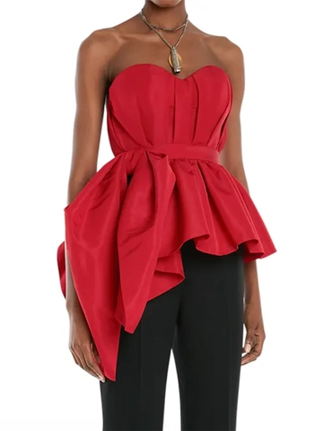 Top Peplum Senza Spalline Rosso Elegante Donna Con Grande Fiocco Orlo a Volant Asimmetrico Senza Maniche Festa Matrimonio