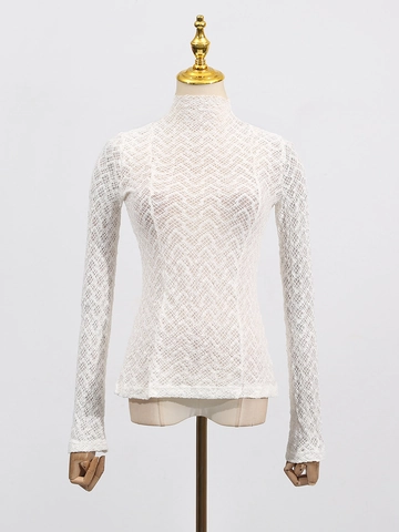 Maglietta da Donna Elegante in Pizzo a Maniche Lunghe Collo Mock Slim Fit Top Traforato Casual Versatile Festa