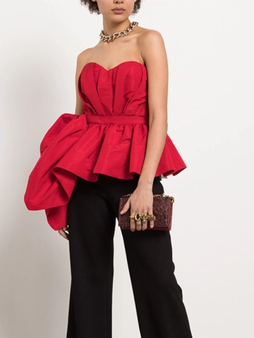 Top Peplum Senza Spalline Rosso Elegante Donna Con Grande Fiocco Orlo a Volant Asimmetrico Senza Maniche Festa Matrimonio