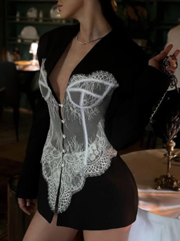 Women Sexy Lace Patchwork Blazer Jacket Slim Fit Corset Style V Neck Long Sleeve Black White Office Party Top