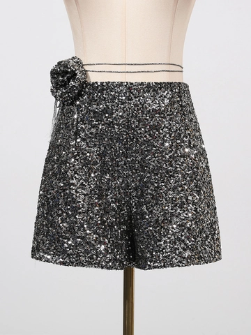 Pantaloncini Sexy da Donna a Vita Alta con Paillettes Argento Nero Patchwork Hot Pants con Decorazione Floreale per Feste Banchetti Streetwear
