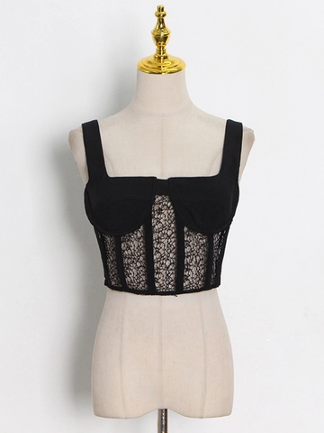 Women Sexy Lace Patchwork Corset Top Vintage Fishbone Bustier Slim Fit Short Tank Top Sleeveless Clubwear Apparel
