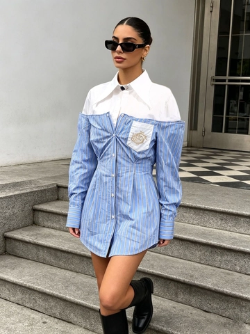 Camisa de Mujer Elegante Patchwork Rayada de Manga Larga Falso Dos Piezas Casual de Viaje Top de Botones Con Bolsillo Bordado