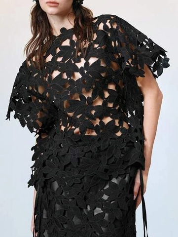 Women's Sexy Hollow Out Floral Lace Short Sleeve Top Solid Black Individual Street Style Party Blouse