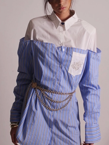 Camisa de Mujer Elegante Patchwork Rayada de Manga Larga Falso Dos Piezas Casual de Viaje Top de Botones Con Bolsillo Bordado