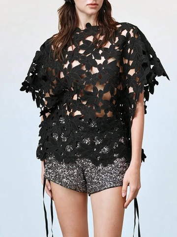 Women's Sexy Hollow Out Floral Lace Short Sleeve Top Solid Black Individual Street Style Party Blouse