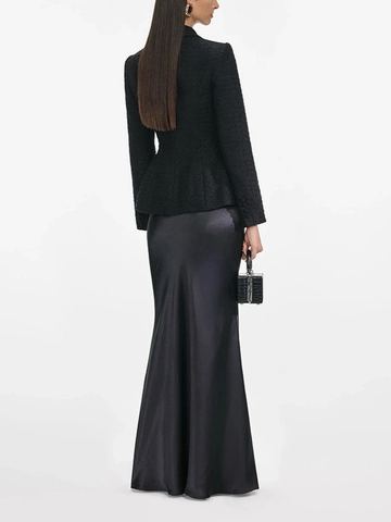 Damen Elegant Schwarz Tweed Jacke und Satin Langer Rock Outfit Professionell Slim Peplum Blazer Fischschwanz Rock Anzug