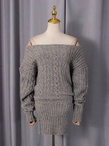 Damen Sexy Schulterfrei Zopfmuster Strickkleid Polyester Elasthan Langarm Grau Minikleid Fauler Stil Mode Strickwaren