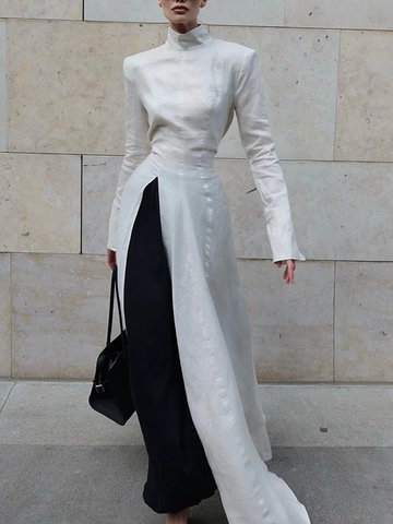 Women Elegant Stand Collar Long Sleeve Maxi Dress Minimalist High Slit Patchwork Solid Ivory Commuter Party Dress