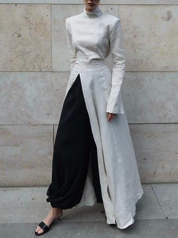 Women Elegant Stand Collar Long Sleeve Maxi Dress Minimalist High Slit Patchwork Solid Ivory Commuter Party Dress