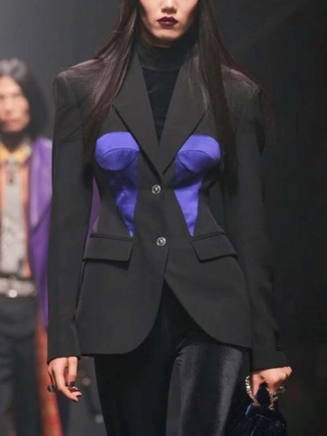 Damen Mode Slim Fit Korsett Patchwork Blazer Elegant Schwarz Lila Kontrast Langarm Jacke Strassknopf Top