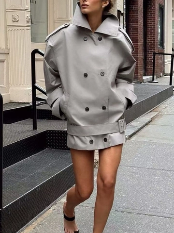 Oversize Damen Doppelreiher Trench Jacke Mit Gürtel Stehkragen Langarm Minimalistischer Windbreaker Outerwear Mantel
