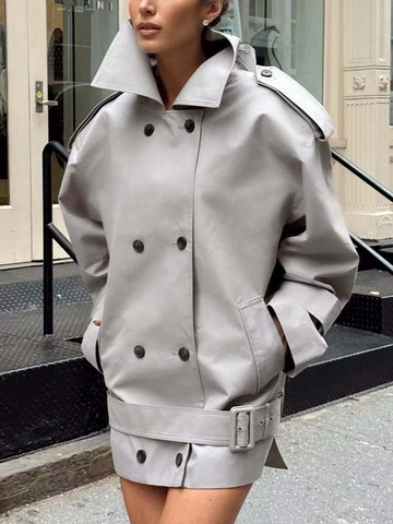 Oversize Damen Doppelreiher Trench Jacke Mit Gürtel Stehkragen Langarm Minimalistischer Windbreaker Outerwear Mantel
