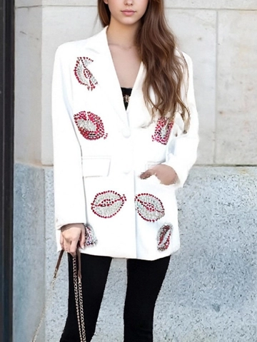 Women's Slim Fit Rhinestone Lips Pattern Blazer Notch Lapel Long Sleeve Single Breasted Fashion Commuter Jacket Coat