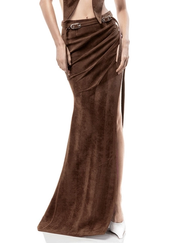 Damen Hohe Taille Wildlederimitat Langer Rock European Streetwear Gerafft Hoher Schlitz Bodycon Midi Rock Mit Gürtel Braun Sommer