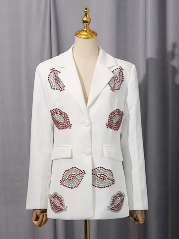 Giacca Blazer da Donna Vestibilità Aderente con Motivo a Labbra di Strass Collo a Revers Manica Lunga Monopetto Moda Pendolare