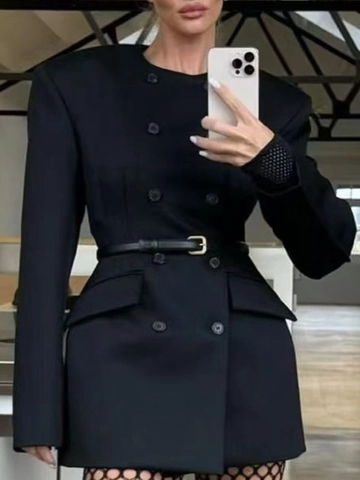 Damen Elegant Doppelreihiges Blazerkleid Mit Gürtel Langarm Schulterpolster Slim Fit Büro Dame Einfarbig Schwarz Kleid