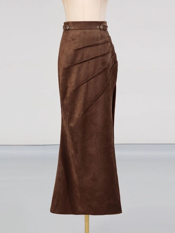 Damen Hohe Taille Wildlederimitat Langer Rock European Streetwear Gerafft Hoher Schlitz Bodycon Midi Rock Mit Gürtel Braun Sommer