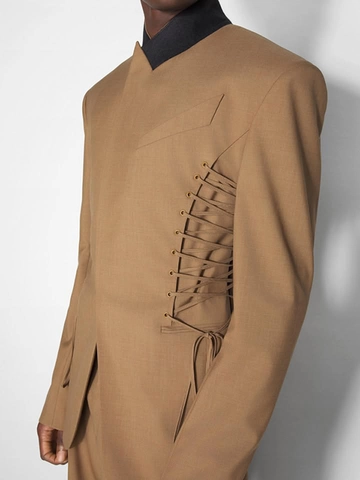 Women Design Blazer Jacket Summer Lace Up Waist Slim Fit Long Sleeve Structured Suit Coat Sage Green Brownish Yellow