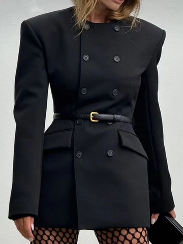 Damen Elegant Doppelreihiges Blazerkleid Mit Gürtel Langarm Schulterpolster Slim Fit Büro Dame Einfarbig Schwarz Kleid