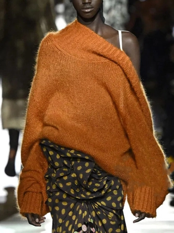 Γυναικείο Oversized Πλεκτό Πουλόβερ Off-Shoulder Lazy Style Πορτοκαλί Μακρυμάνικο Πλεκτό Jumper Casual Μοντέρνο Τοπ