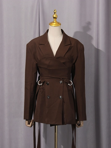Elegant Irregular Patchwork Women Blazer Jacket Double Breasted Stand Collar Long Sleeve Solid Color Outwear For Commuting