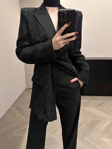 Γυναικείο Κομψό Μαύρο Δαντελένιο Σακάκι Blazer Με Σατέν Πέτο Διπλό Στήθος Floral Jacquard Slim Fit Commuter Outerwear Top