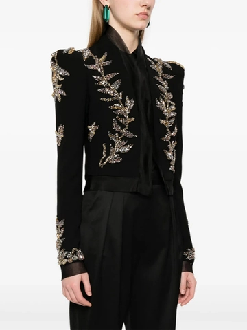Dames Luxe Zwart Slim Fit Blazer Jas Met Strass Pailletten Blad Borduurwerk Lange Mouw Opstaande Kraag Kort Outwear
