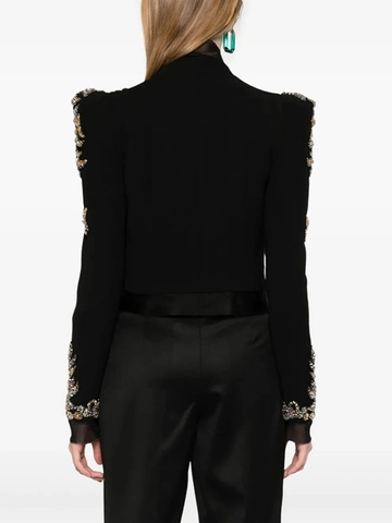 Dames Luxe Zwart Slim Fit Blazer Jas Met Strass Pailletten Blad Borduurwerk Lange Mouw Opstaande Kraag Kort Outwear
