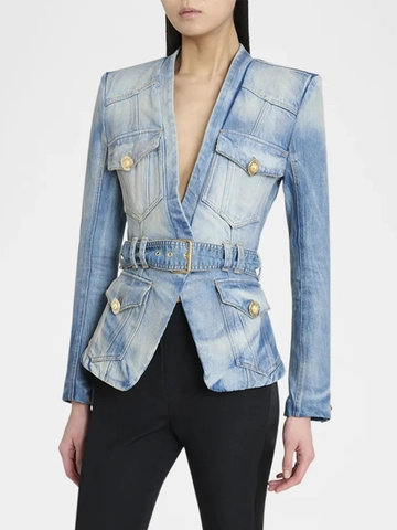 Dames Slim Fit Washed Blue Denim Blazer Jas Met Tailleriem En Gouden Leeuwenknopen Gestructureerde Schouders Lange Mouwen Bovenkleding