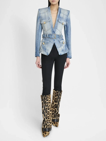Dames Slim Fit Washed Blue Denim Blazer Jas Met Tailleriem En Gouden Leeuwenknopen Gestructureerde Schouders Lange Mouwen Bovenkleding