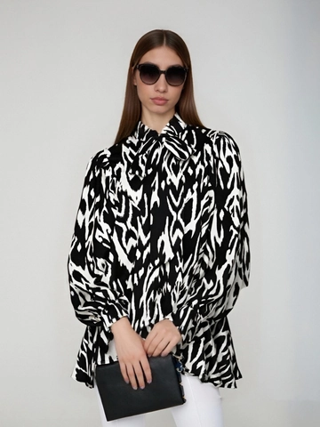 Chemise à Manches Longues pour Femmes Imprimé Géométrique Abstrait Vintage Blouse Ample Élégante Avec Col Nœud Papillon Top