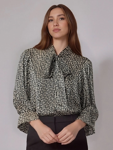 Chemise à Manches Longues pour Femmes Imprimé Géométrique Abstrait Vintage Blouse Ample Élégante Avec Col Nœud Papillon Top