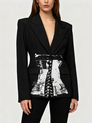 Damen Mode Schwarz Blazer Jacke Kontrast Weiß Korsett Druck Langarm Ein Knopf Revers Büro Dame Slim Anzug Mantel