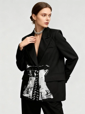 Damen Mode Schwarz Blazer Jacke Kontrast Weiß Korsett Druck Langarm Ein Knopf Revers Büro Dame Slim Anzug Mantel