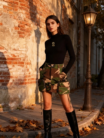 Jupe Mini Cargo Camouflage pour Femmes Taille Haute Patchwork Jupe Avec Poches Zippées Et Cordon de Serrage Jupe Streetwear Femme