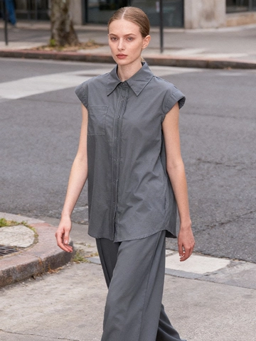 Camisa Sin Mangas Minimalista para Mujer con Botones Color Sólido Cuello Polo Top Casual Holgado con Bolsillo Gris