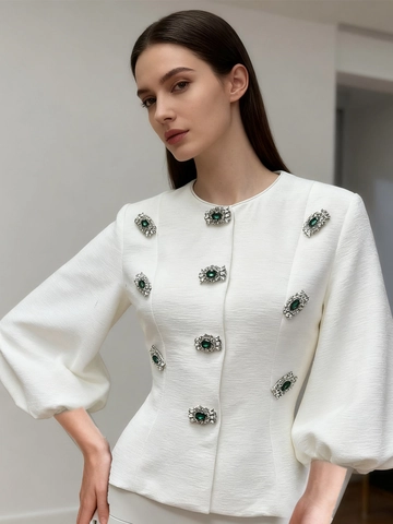 Französisches Elegantes Hemd Mit Rundhalsausschnitt Und Laternenärmeln Damen Einfarbiges Top Mit Grünen Edelsteinknöpfen