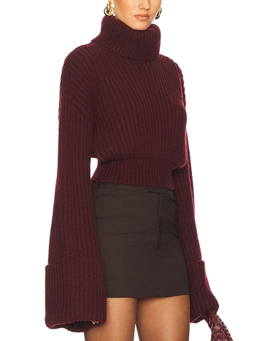 Women Turtleneck Ribbed Knit Sweater Minimalist Long Flare Sleeve Cropped Pullover Autumn Winter Casual Warm Polyester Top