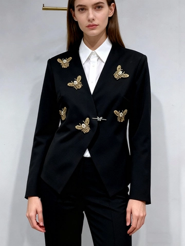 Blazer Style Britannique Coupe Cintrée avec Broderie Abeille Femme Élégant Col en V Veste de Costume Manches Longues Boucle Papillon