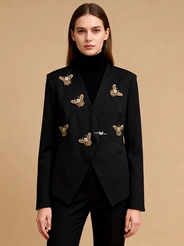 Blazer Style Britannique Coupe Cintrée avec Broderie Abeille Femme Élégant Col en V Veste de Costume Manches Longues Boucle Papillon