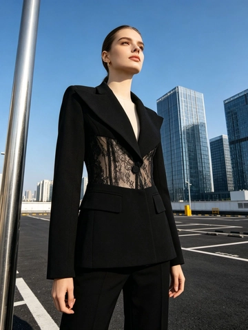 Women's Sexy Sheer Lace Patchwork Blazer Jacket Elegant Single Button Lapel Long Sleeve Slim Fit Fashion Suit Jacket Top