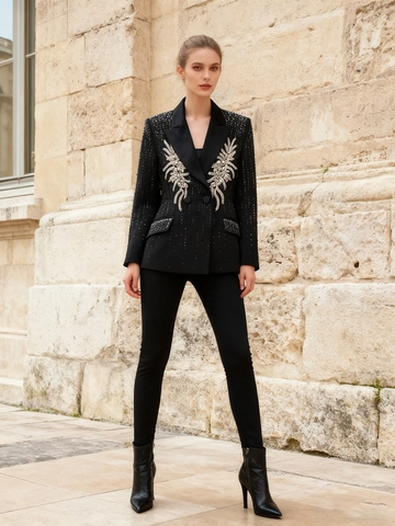 Chaqueta Americana Negra de Lujo con Pedrería para Mujer Corte Ajustado Manga Larga Bordada Chaqueta de Banquete Oficina Ropa de Abrigo