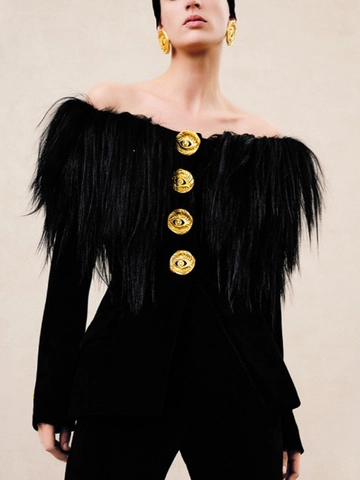 Damen Schulterfreier Schwarzer Blazer Kunstpelzbesatz Künstlerische Goldene Augenknöpfe Slim Fit Eleganter Streetwear Party Jacke