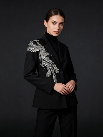 Damen Slim Fit Blazer Jacke Mit Silbernen Pailletten Phönix Stickerei Elegant Koreanischer Stil Business Sakko Für Büro Party