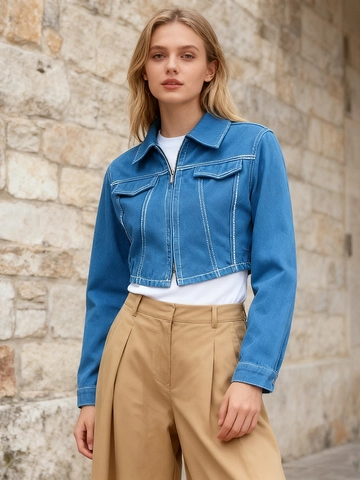 Giacca di Jeans Cropped Casual da Donna Con Cuciture a Contrasto Giacca in Denim Slim Fit Strutturale Capispalla