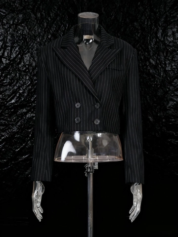 Dames Cropped Krijtstreep Blazer Double-Breasted Revers Lange Mouwen Kostuumjasje Elegant Woon-Werkverkeer Kantoor Zwart